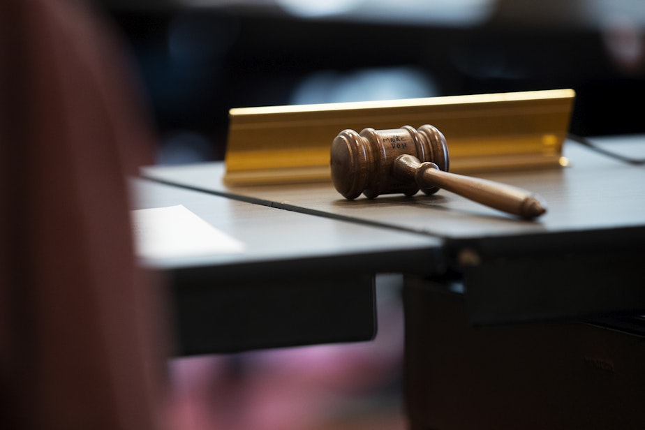 caption: A gavel is shown during a Washington Medical Commission meeting on Thursday, June 13, 2024, at the Hilton Garden Inn in Olympia.