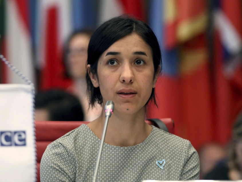 caption: The 2018 Nobel Peace Prize has been awarded to Nadia Murad (pictured) and Dr. Denis Mukwege, a gynecologist from the Democratic Republic of the Congo, for their efforts to combat wartime sexual assault.