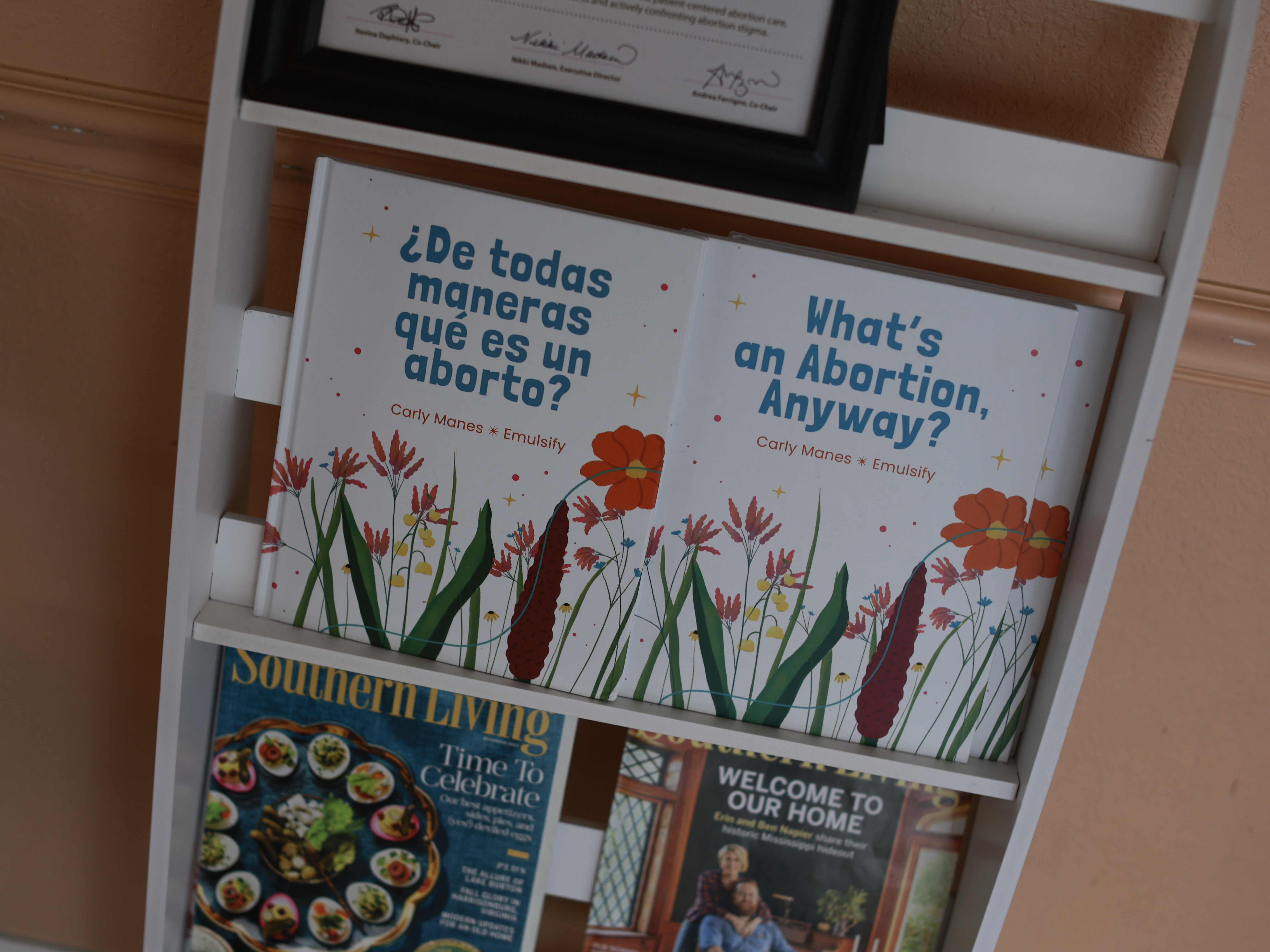 caption: Books sit on a shelf at a clinic that provides abortion care on April 30, in Jacksonville, Fla. A six-week abortion ban that Florida Gov. Ron DeSantis signed went into effect on May 1.
