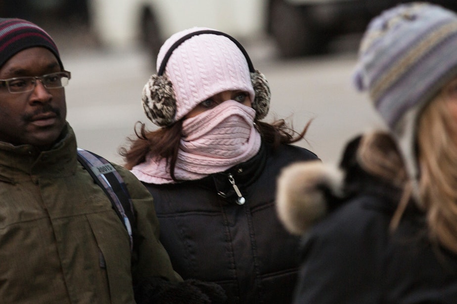 caption: A woman bundles up against the cold in New York City on Jan. 8, 2014, after a polar vortex descended from the Arctic on much of the country. (Andrew Burton/Getty Images)