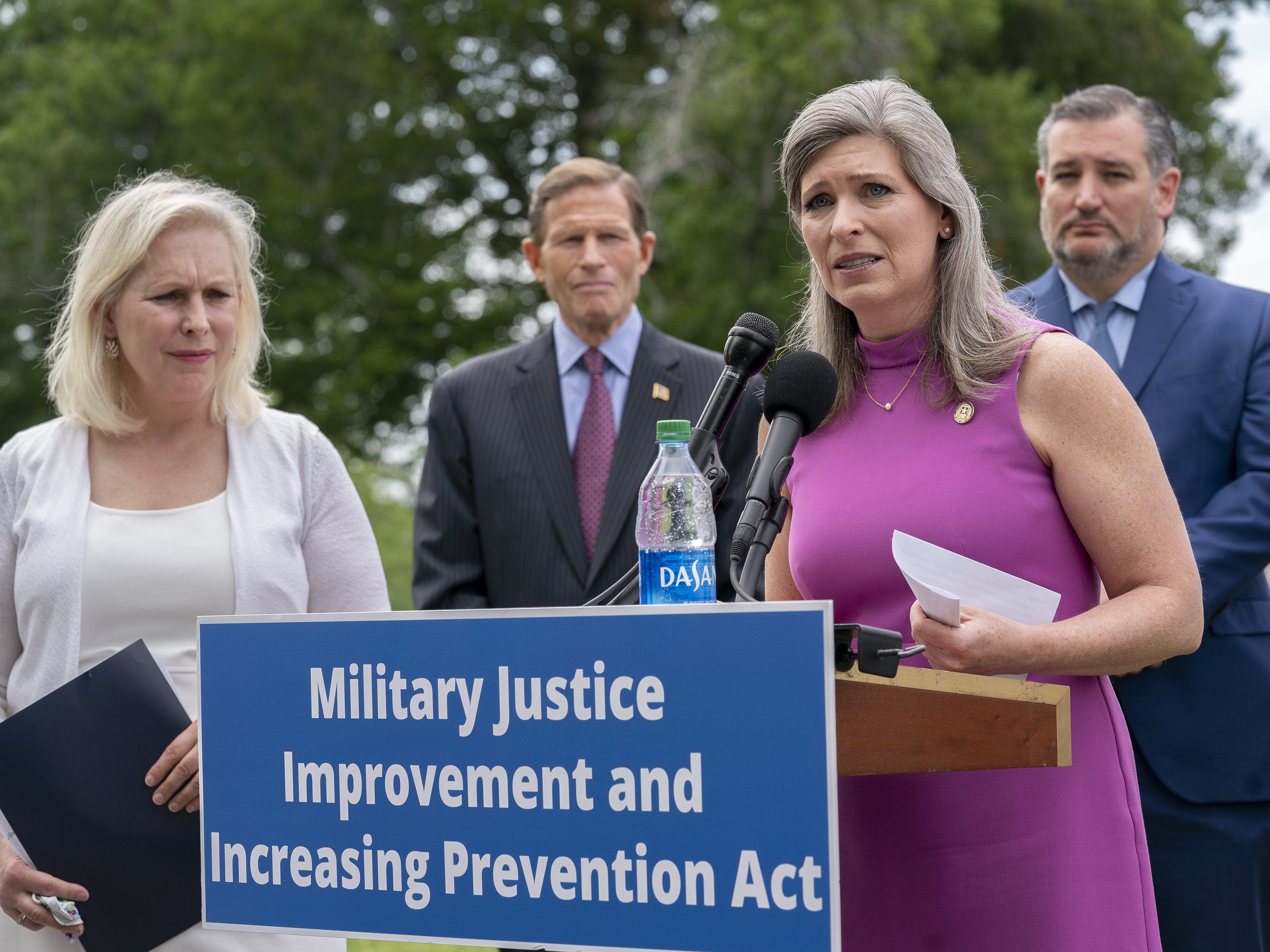 caption: For years, New York Democratic Sen. Kirsten Gillibrand (left) has sought approval of her bill to reform the military's criminal justice system. This year, Gillibrand joined forces with Iowa Republican Sen. Joni Ernst, seen here, a sexual assault survivor herself before she became a combat company commander.