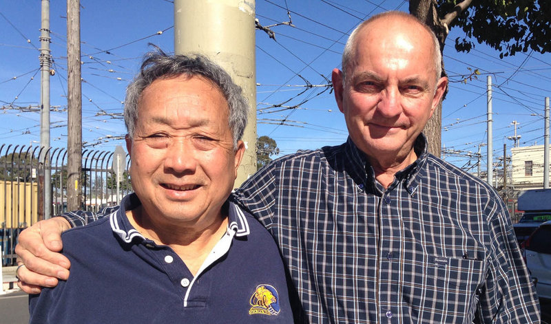 caption: Kay Lee and John Nordeen last month, after their StoryCorps interview in San Francisco. The pair keeps in touch and sees each other frequently.CREDIT: Susan Lee/StoryCorps