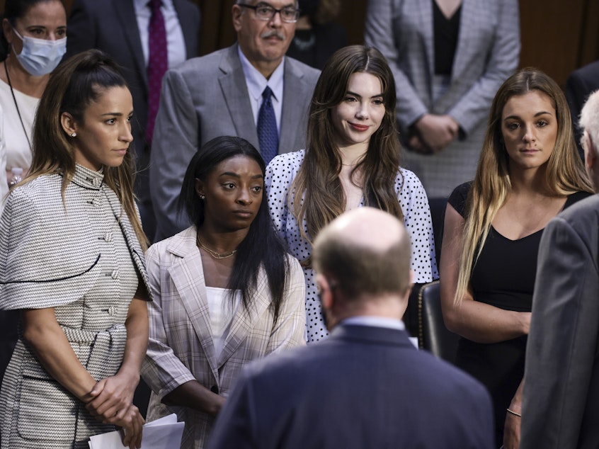 caption: U.S. Olympic Gymnasts Aly Raisman, Simone Biles, McKayla Maroney and NCAA and world champion gymnast Maggie Nichols testified on Capitol Hill in 2021 about the Inspector General's report on the FBI handling of the Larry Nassar investigation of sexual abuse of Olympic gymnasts.
