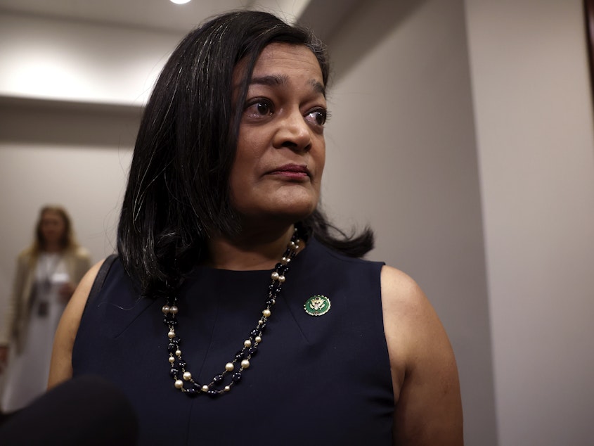 caption: Rep. Pramila Jayapal, seen here at the U.S. Capitol on May 31, sparked controversy over the weekend when she referred to Israel as a "racist state."