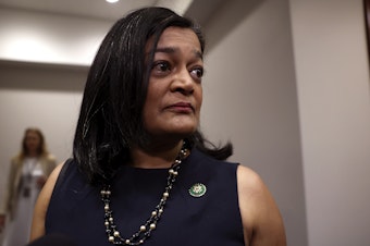 caption: Rep. Pramila Jayapal, seen here at the U.S. Capitol on May 31, sparked controversy over the weekend when she referred to Israel as a "racist state."