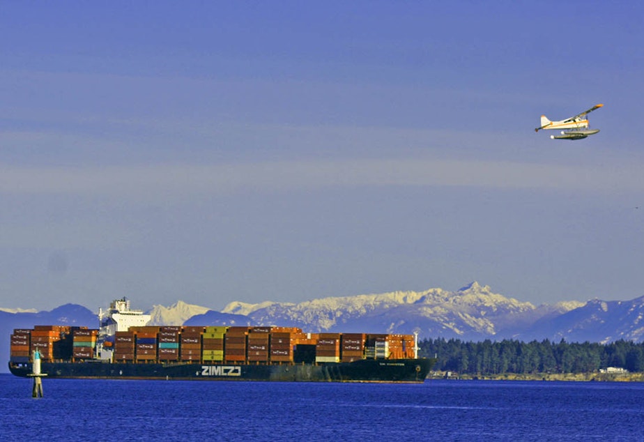 caption: The Zim Kingston at anchor near Nanaimo, British Columbia, on Jan. 9, with gaps visible where shipping containers had spilled or been offloaded after being damaged in a fire. 