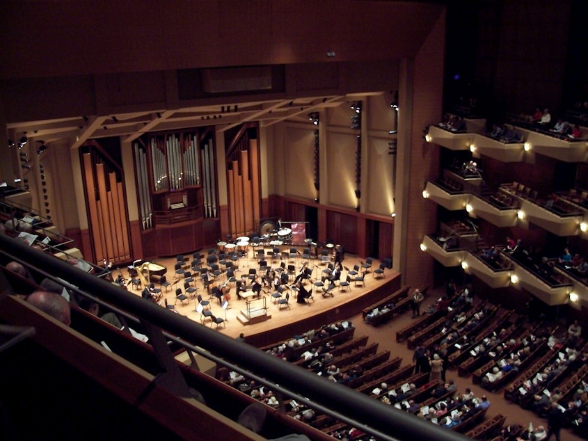 caption: The Seattle Symphony performs at Benaroya Hall. 