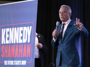 caption: Independent presidential candidate Robert F. Kennedy Jr. speaks during the Libertarian National Convention at the Washington Hilton in Washington, Friday. (AP Photo/Jose Luis Magana)