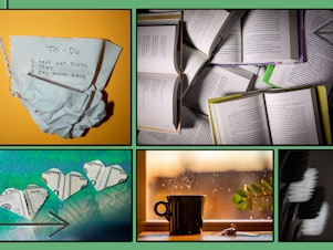 A collage of photos showing tips that can improve your life, including, a crumpled up to-do list, a stack of opened books, money folded into a heart, a cup of coffee on a windowsill at sunrise and a close-up of toothbrushes.