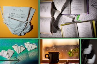 A collage of photos showing tips that can improve your life, including, a crumpled up to-do list, a stack of opened books, money folded into a heart, a cup of coffee on a windowsill at sunrise and a close-up of toothbrushes.