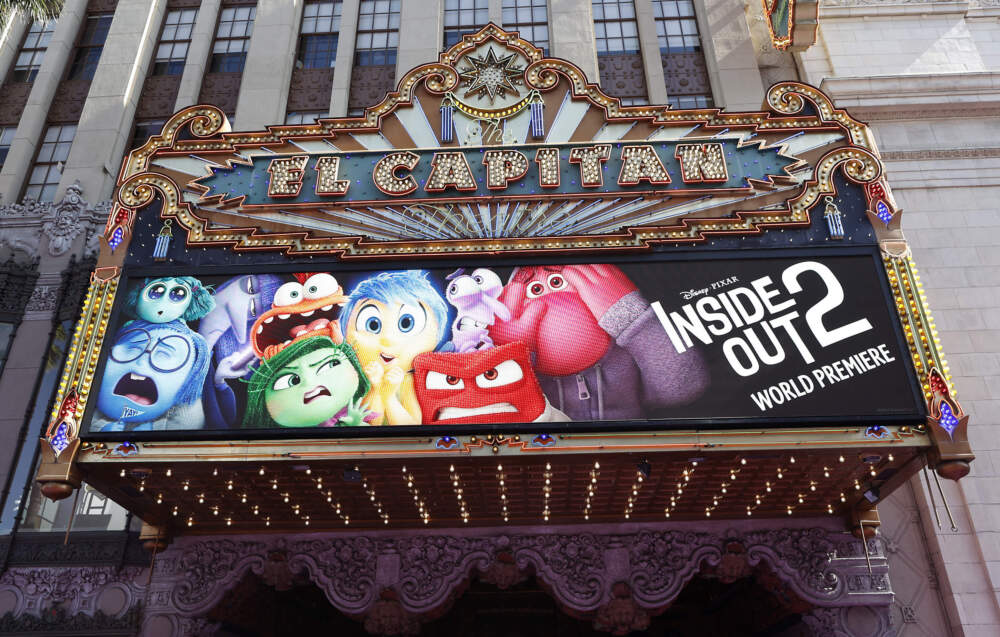 caption: View of the theatre marquis at the world premiere of Pixar's "Inside Out 2" at El Capitan Theatre in Los Angeles, California on June 10, 2024. (Michael Tran/AFP via Getty Images)