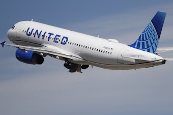 caption: A United Airlines jetliner lifts off from a runway at Denver International Airport on June 10, 2020, in Denver. Two United Airlines flight attendants have filed a lawsuit against the company, alleging they were excluded from working charter flights for the Los Angeles Dodgers because of their race, age, religion and appearance.