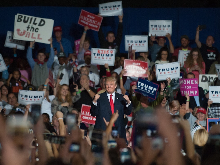 caption: Republican presidential nominee Donald Trump speaks at a campaign rally on Oct. 27, 2016 at the Spire Institute in Geneva, Ohio.