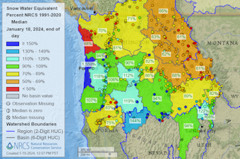 caption: A map showing snowpack levels for Jan. 18, 2024, provided by the U.S. Department of Agriculture. It shows how much snowpack the Pacific Northwest has compared to the median for the day recorded between 1991 and 2020. 