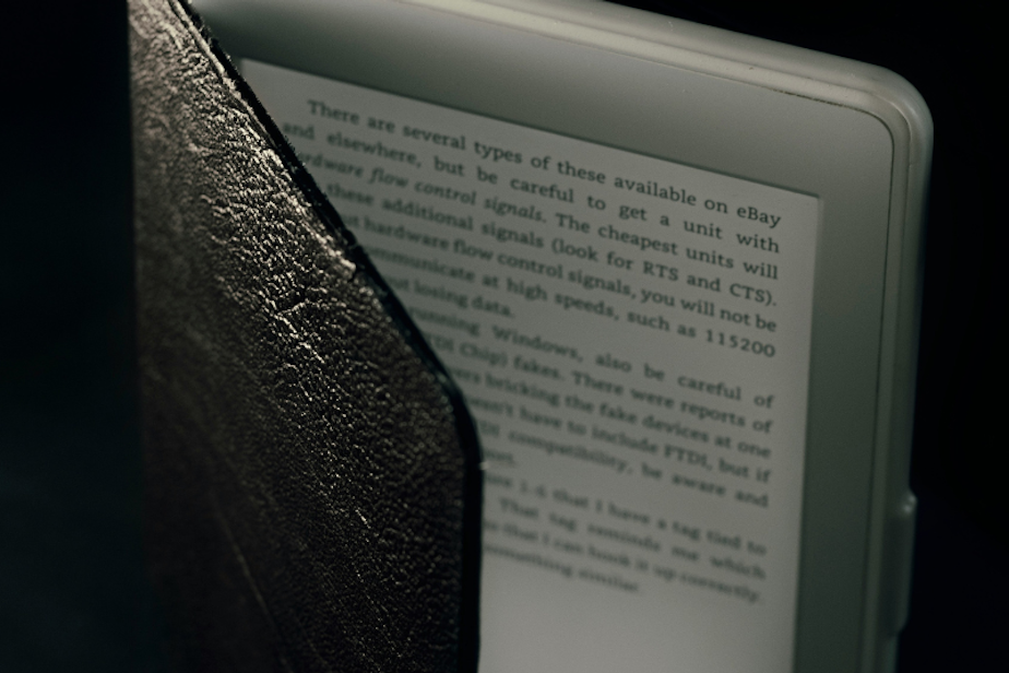 caption: A digital reader for an eBook. 