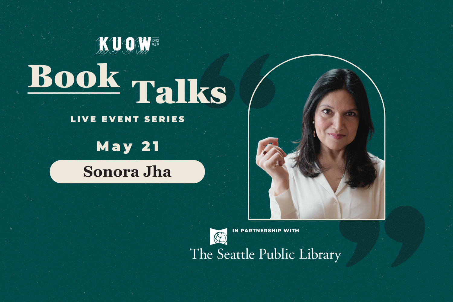 caption: The KUOW Book Club is reading "Intemperance" by Sonora Jha in May 2026. Jha will join KUOW's Katie Campbell for a live discussion at the Seattle Central Library on May 21, 2026.
