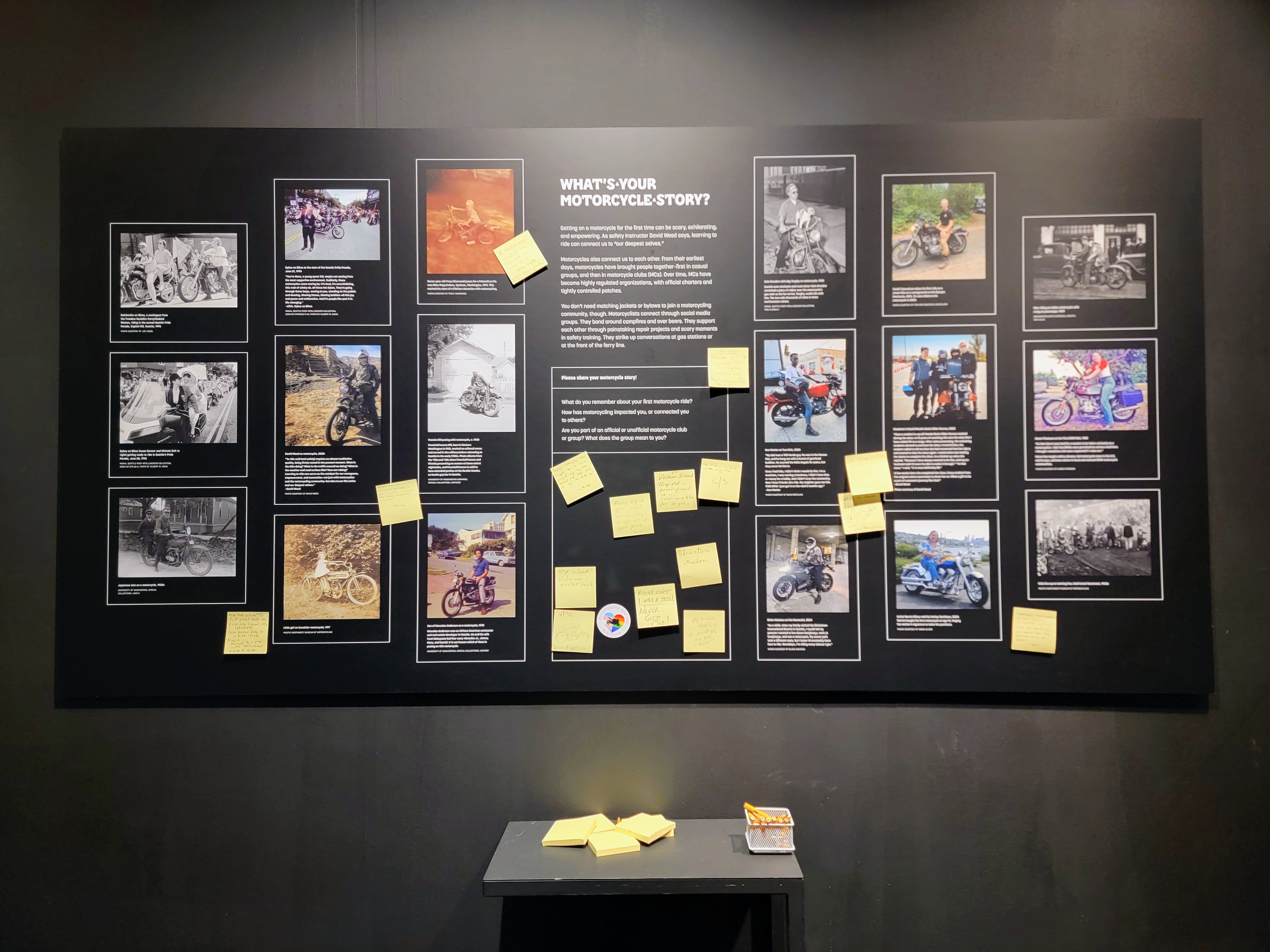 caption: Visitors can add their own motorcycling story to the "Kickstands Up!" exhibit at MOHAI in Seattle. 