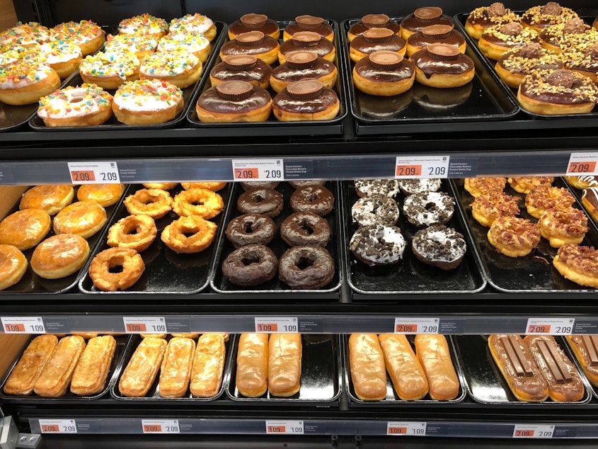 caption: Doughnuts at Amazon Go Grocery on opening day, February 25, 2020.