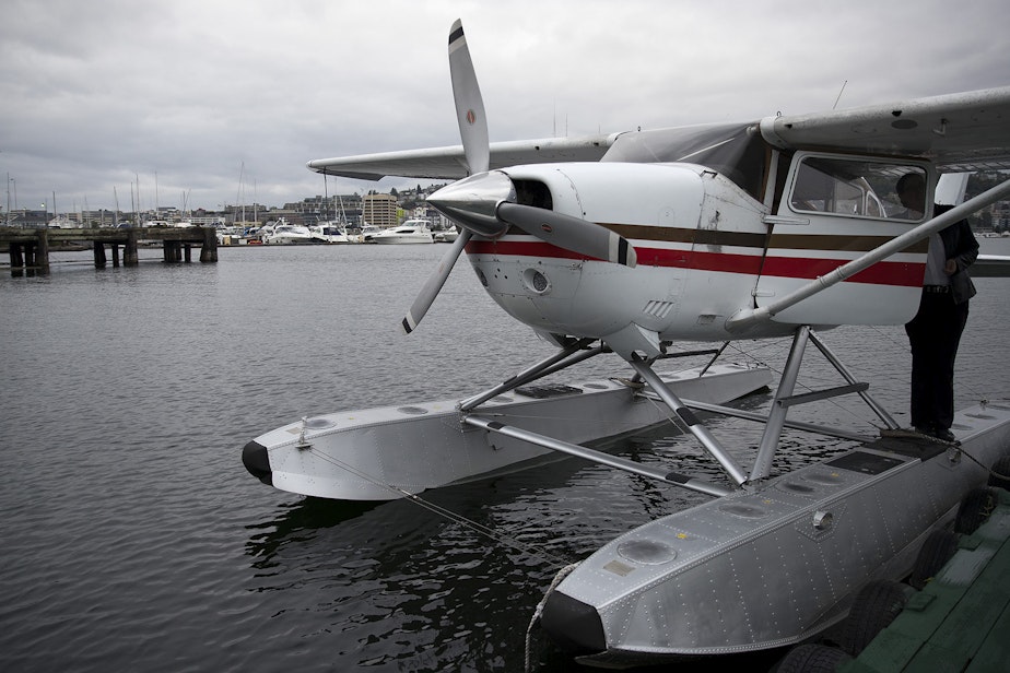 caption: Seattle Seaplanes pilot Yvette Marble prepares to take off from Lake Union in a piston-engine plane on Aug. 23, 2018.