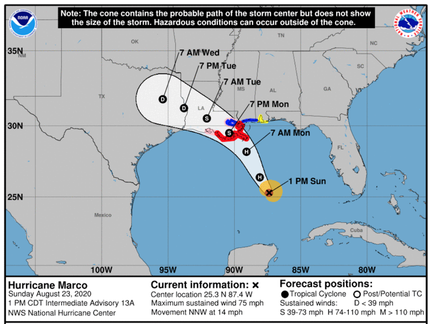 caption: The probable track of Hurricane Marco, according to the National Hurricane Center.