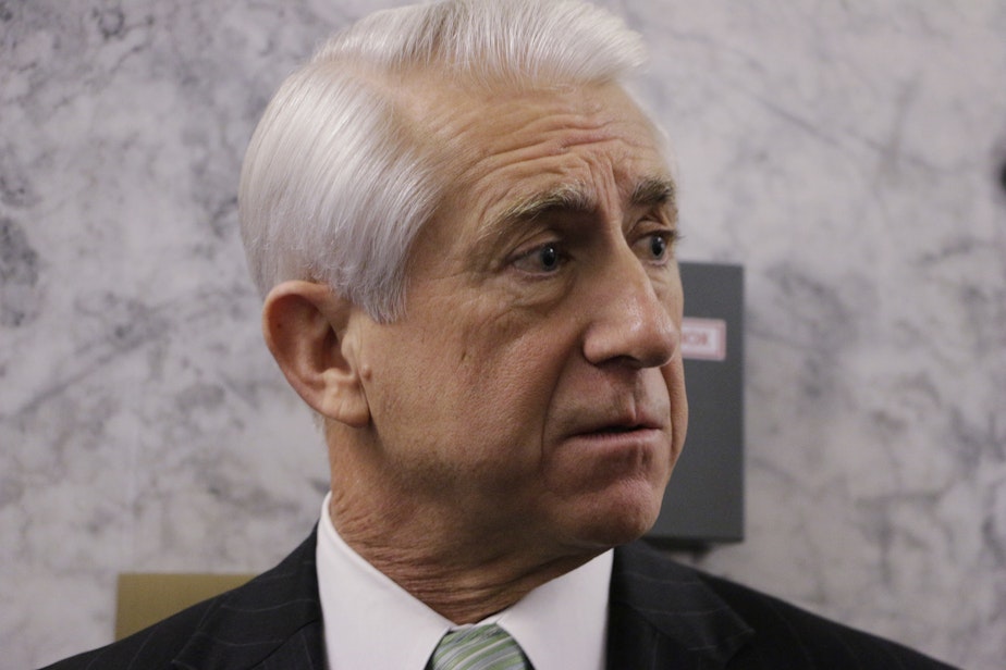 caption: Dave Reichert speaks with the media after testifying before the Senate Law and Justice Committee about Green River serial killer Gary Ridgway on Friday, Nov. 20, 2015, in Olympia, Wash.