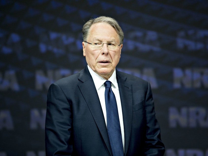 caption: National Rifle Association CEO Wayne LaPierre at the group's annual meeting in Dallas in May 2018. A secretive figure, LaPierre makes few public appearances outside of carefully scripted speeches.