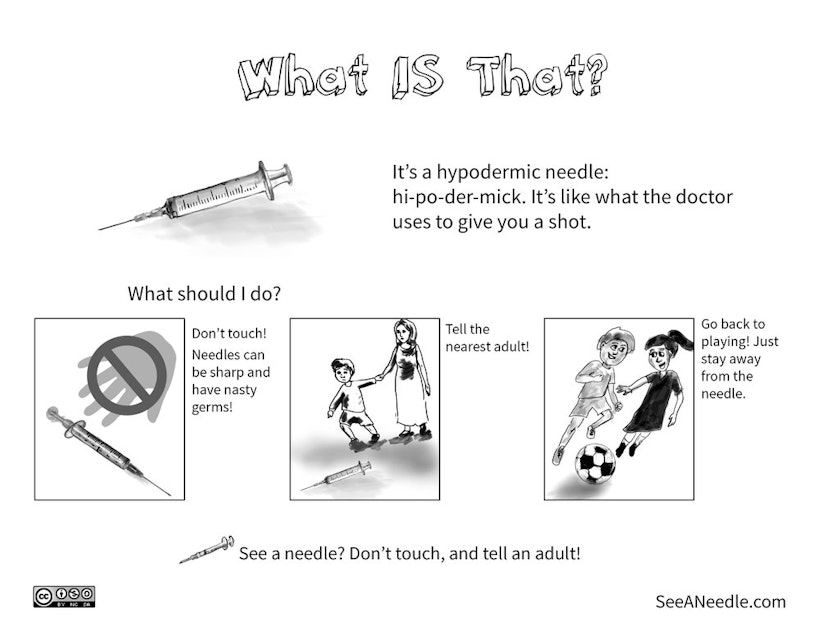 caption: Seattle mom and writer, Lauri Watkins, created this comic to educate children what to do when they find a loose needle. 
