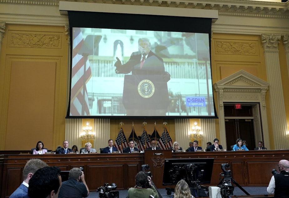 Caption: A video of former President Donald Trump speaking during a rally as the House select committee investigating the Jan. 6, 2021 attack on Capitol Hill holds a hearing on Capitol Hill in Washington, Thursday, June 16, 2022. 