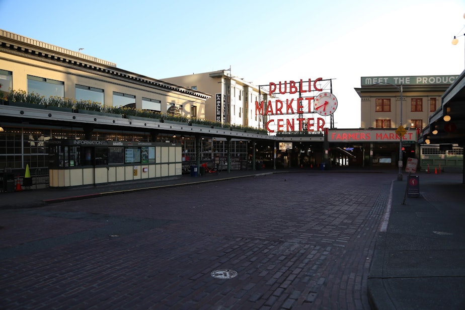 caption: An empty Pike Place Market Thursday 19 2020.