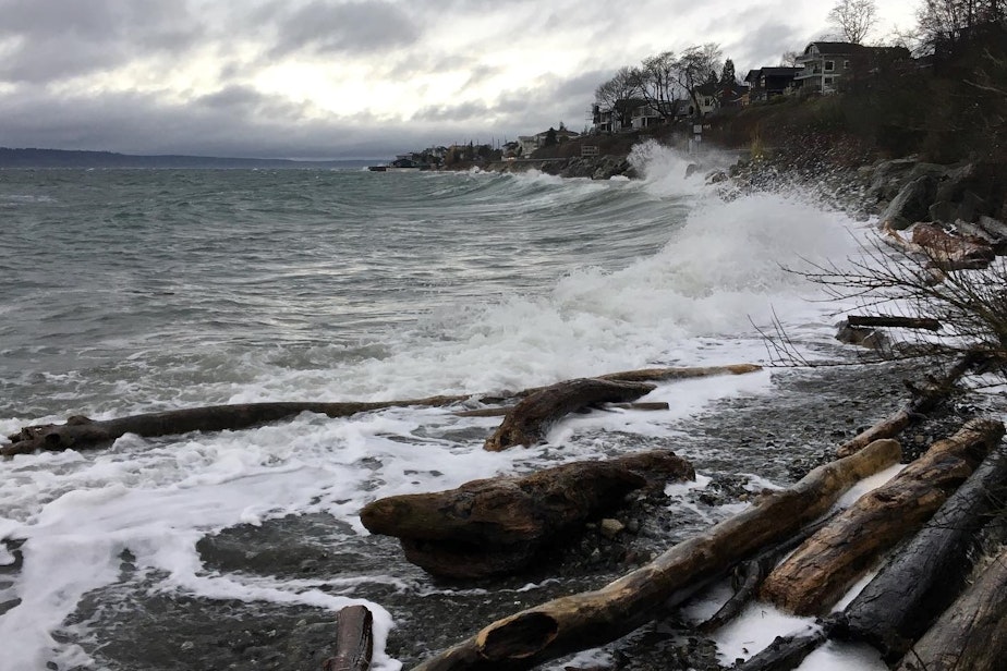 caption: Puget Sound surf hits the the BNSF Railway line and the Shoreline shoreline on Jan. 5.