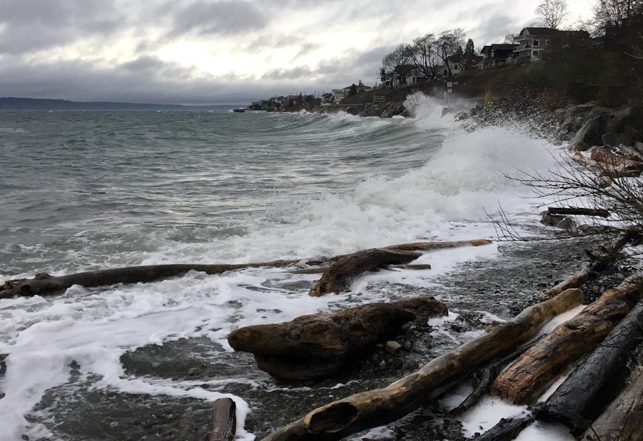 caption: Puget Sound surf hits the the BNSF Railway line and the Shoreline shoreline on Jan. 5.