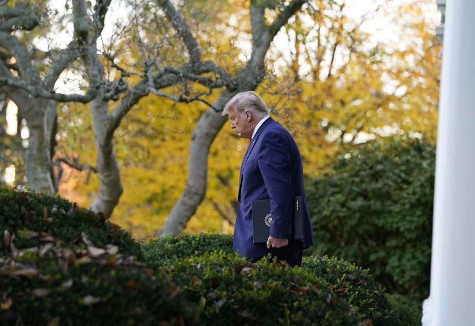 caption: President Trump arrives to speak last week in the White House Rose Garden. He has benefited from the de facto immunity from prosecution that all presidents enjoy while in office.