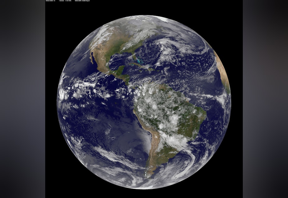 caption: The Americas are seen from space on Earth Day 2014 in a photo captured by NOAA's GOES-East satellite.