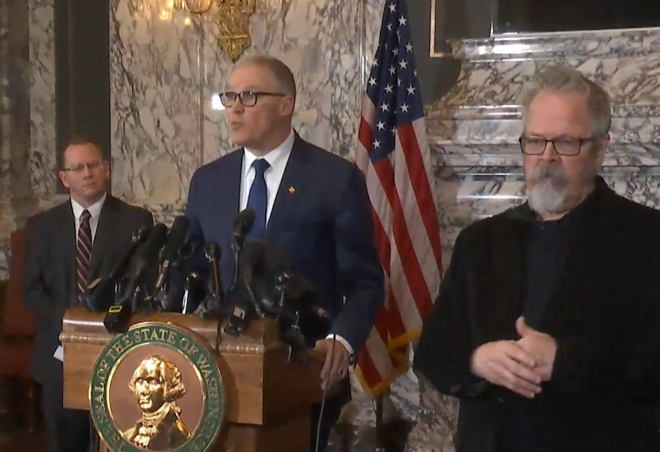 caption: Go. Jay Inslee announces an order compelling all K-12 public and private schools in King, Snohomish, and Pierce counties to close for six weeks due to the coronavirus outbreak on Thursday, March 12, 2020. 
