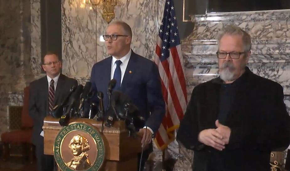 caption: Go. Jay Inslee announces an order compelling all K-12 public and private schools in King, Snohomish, and Pierce counties to close for six weeks due to the coronavirus outbreak on Thursday, March 12, 2020. 