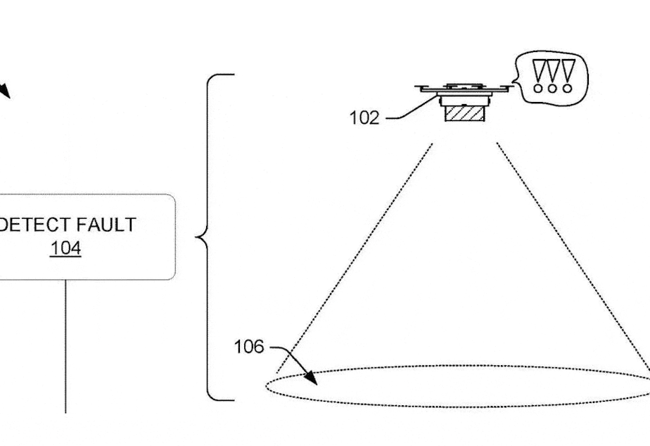 caption: A drone deploys its beacons to detect the ground, in the event of a camera failure. From an Amazon patent.