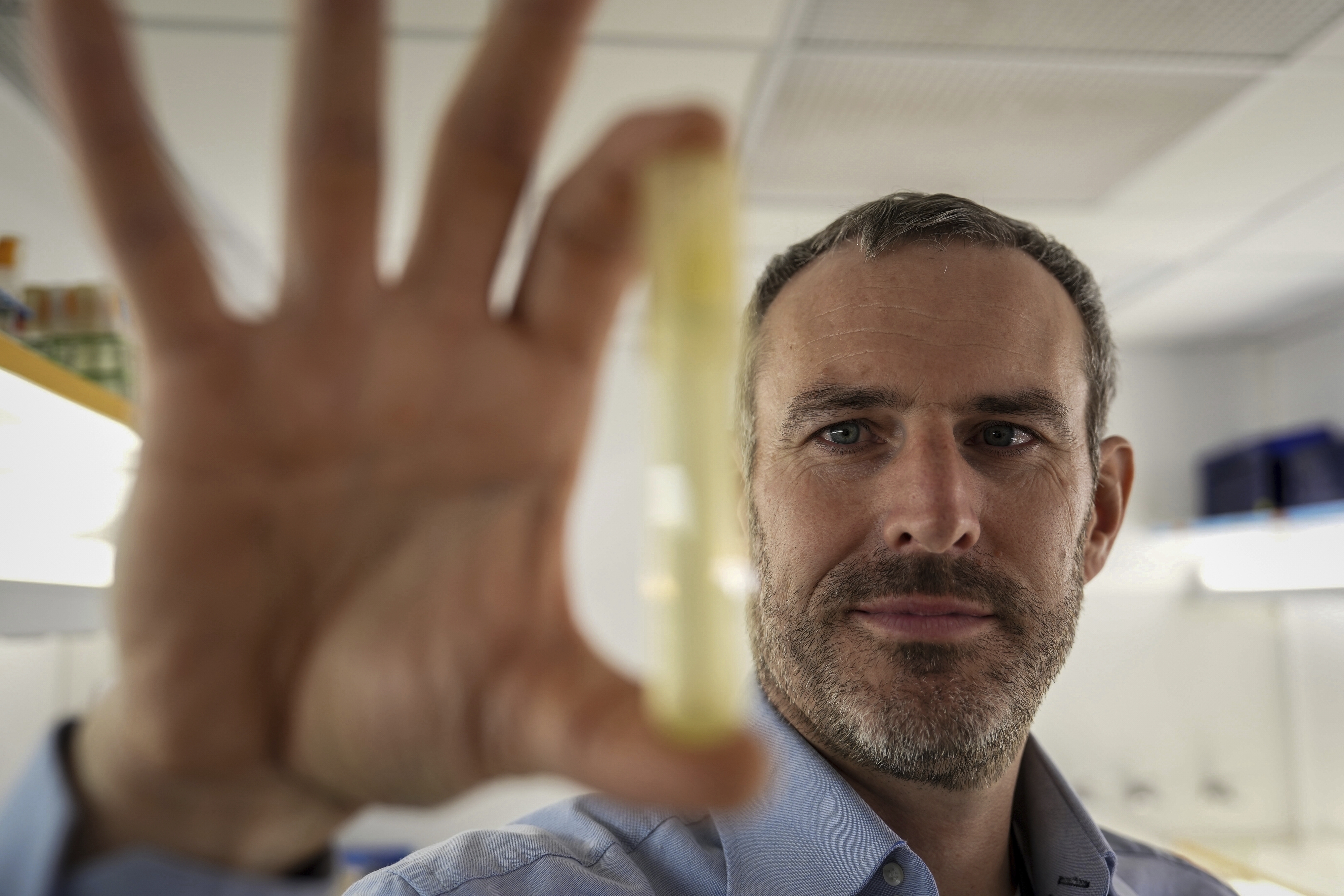 caption: Francois Ribalet, a research associate professor at the University of Washington&#39;s School of Oceanography, holds a vial of Prochlorococcus on Friday, Sept. 5, 2025, in Seattle. 