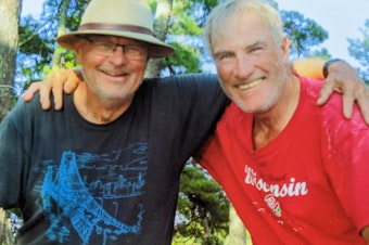 caption: Greg Klatkiewicz and Gary "Zooks" Bezucha seen on one of their regular camping trips in 2019.