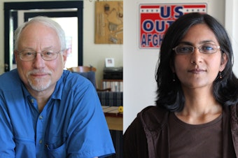 caption: Councilmember Richard Conlin, left, conceded Friday night to Kshama Sawant, his socialist challenger. Conlin has been on the city council for 16 years, or four terms. 