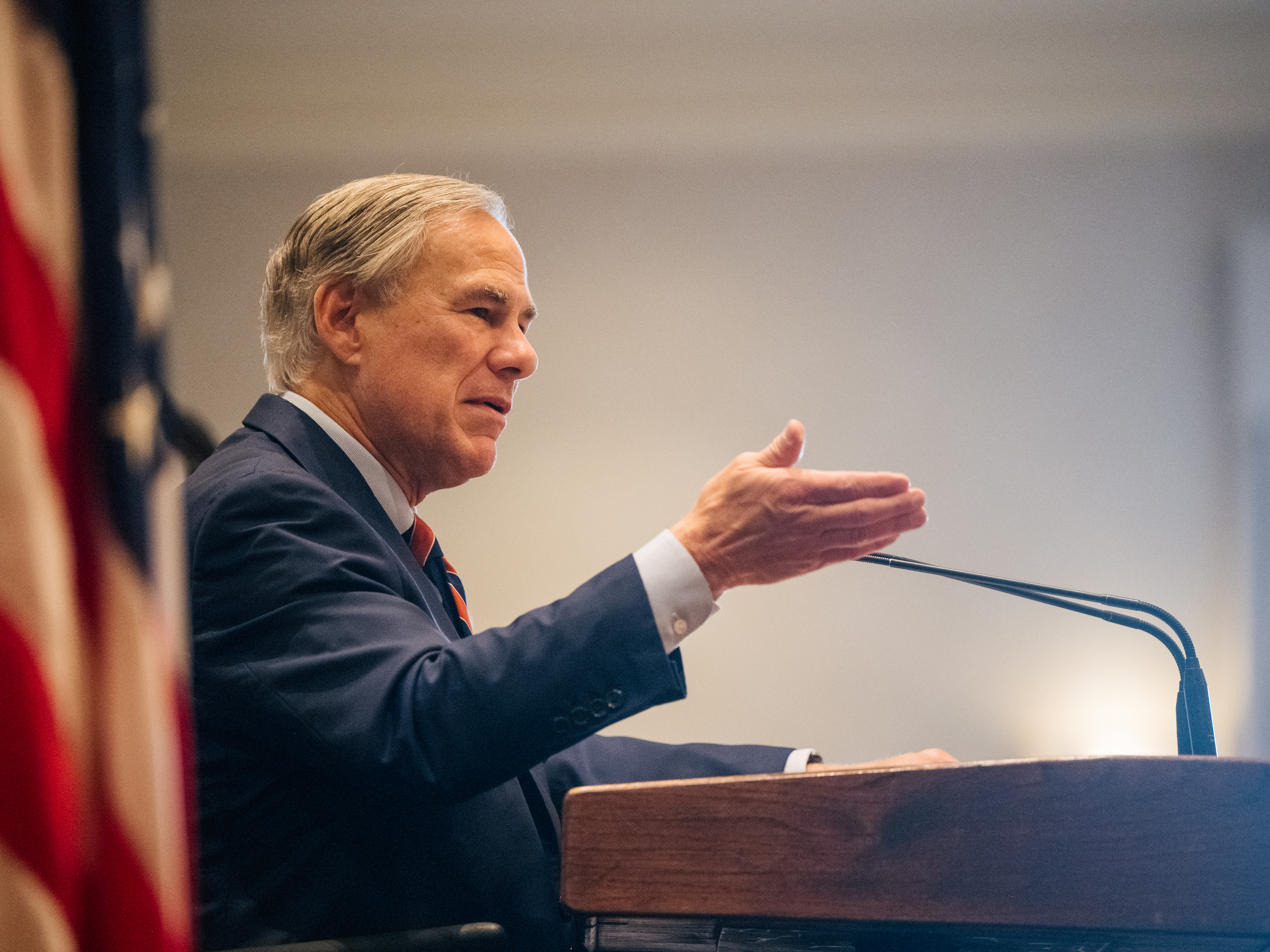caption: Texas Governor Greg Abbott speaks during a Houston Region Business Coalition's meeting on October 27, 2021 in Houston, Texas. Days later, he wrote a letter to the state's association of school boards decrying 'pornographic' content in school library books.
