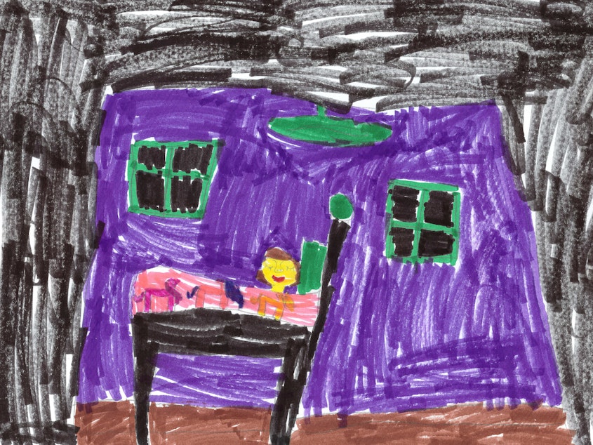 caption: The reporter's kids, Sasha and Noa, both love falling asleep to lullabies. This is a sleeping self-portrait by Sasha, age 4. With great attention to detail, she has drawn the unicorns on her comforter.