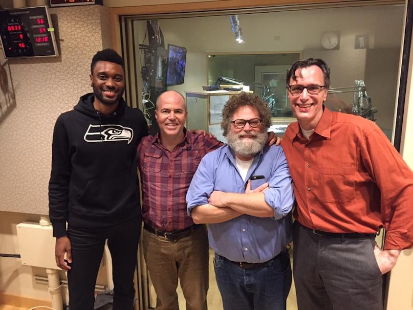 caption: 'Week in Review' panel Shaun Scott, Bill Finkbeiner, Knute Berger and Bill Radke.

