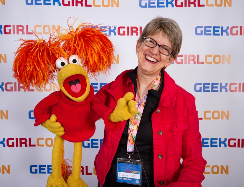caption: Karen Prell and Red from "Fraggle Rock" at this year's GeekGirlCon in Seattle.