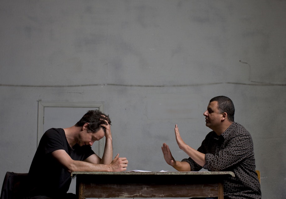 caption: Theater actors James Long and Marcus Youssef of "Winners and Losers."