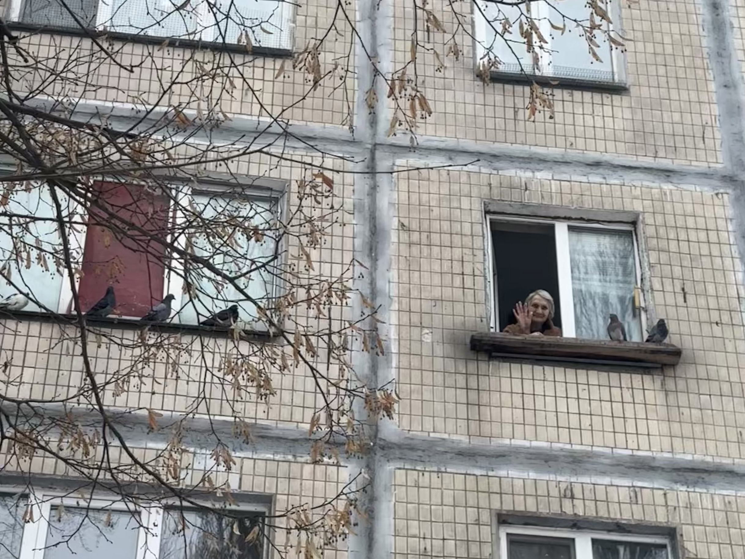 caption: Nelia Stepanivna Thomashevska, an 80-year-old resident of Kyiv, Ukraine, waves from her kitchen window.