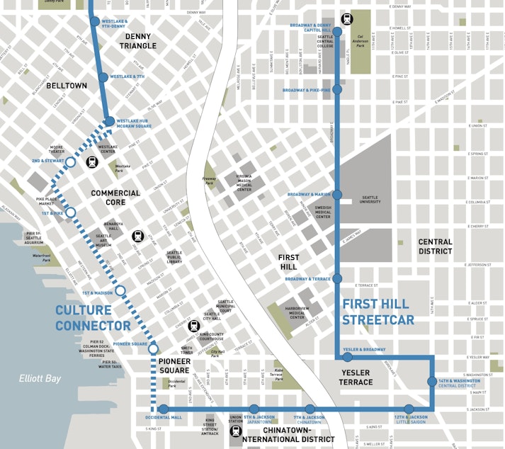 caption: A map of the Culture Connector streetcar line as it connects to the First Hill and South Lake Union lines.