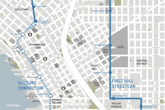 caption: A map of the Culture Connector streetcar line as it connects to the First Hill and South Lake Union lines.