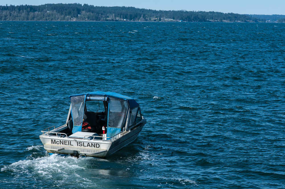 caption: One of several patrol boats that puttered around Steilacoom Ferry Dock.