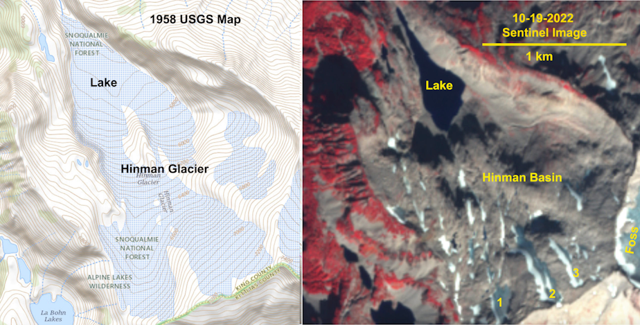 caption: Before and after: a 1958 map and a 2022 satellite image show the demise of the Hinman Glacier in Washington’s Alpine Lakes Wilderness.