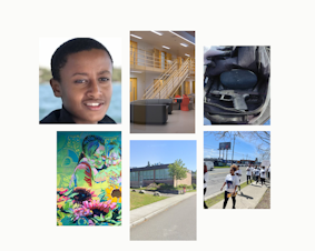 caption: From left, clockwise: Ebenezer Haile; cells at the King County youth jail where TF is being held; the Glock used in the shooting; a rally six months after Haile died; Ingraham High School; a mural at the youth jail.